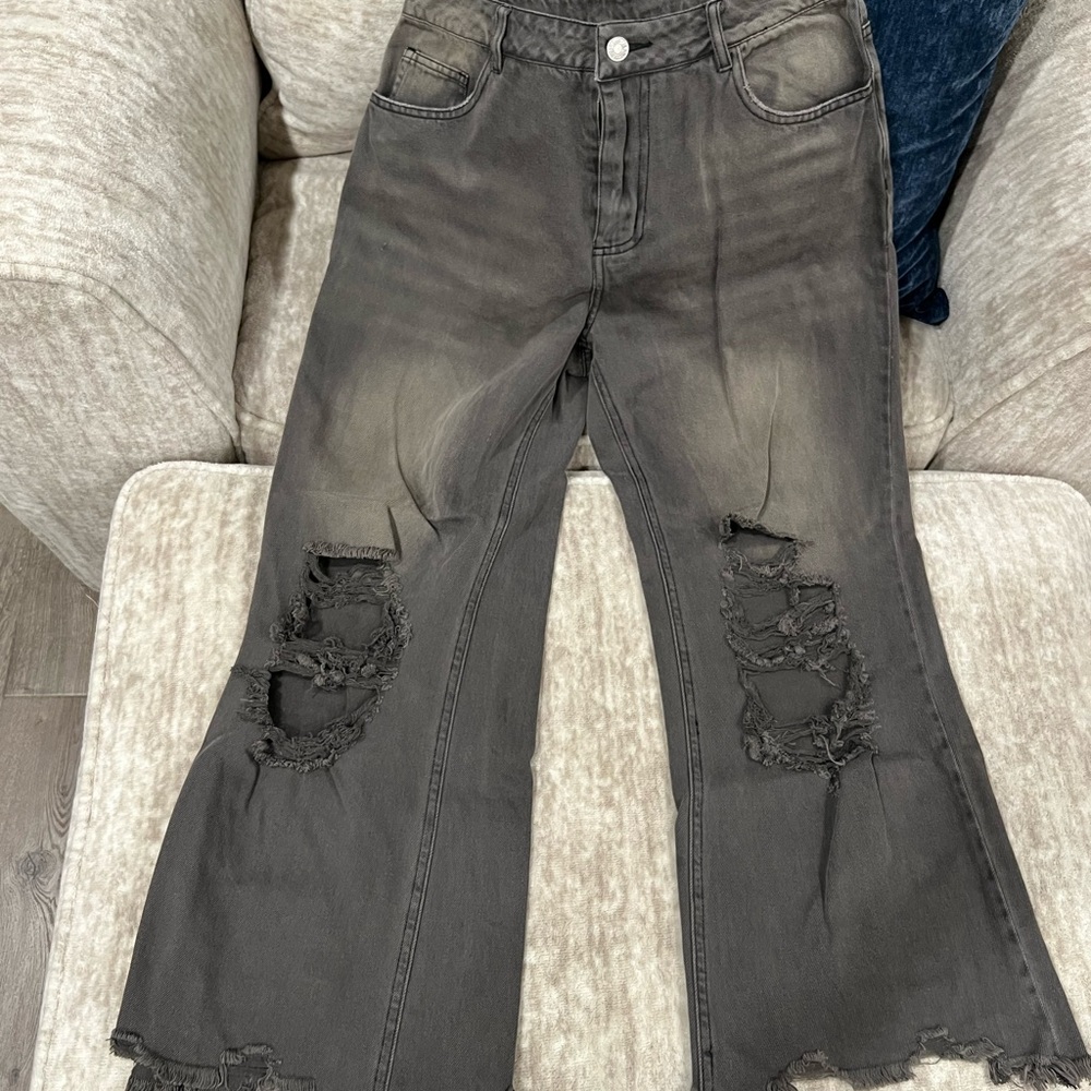 BiBi Black Flare Wide Leg Jeans with Distressed Details